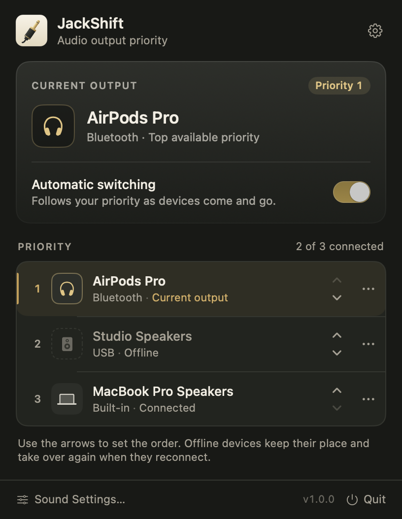 JackShift's native Mac panel showing the current output, automatic switching, and an ordered list of audio devices.